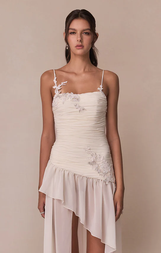Asymmetric Draped Chiffon Mini Dress (French Lace) - Image 3