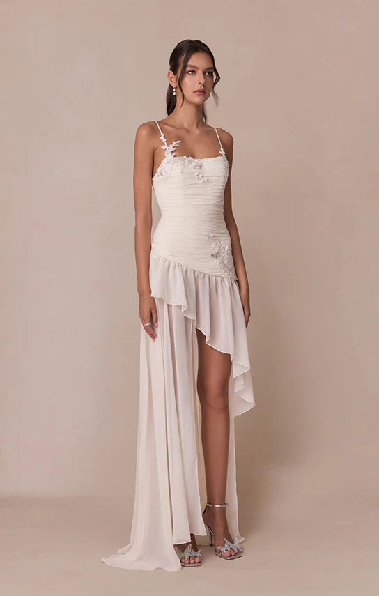Asymmetric Draped Chiffon Mini Dress (French Lace) - Image 4
