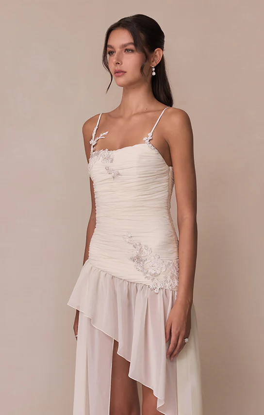 Asymmetric Draped Chiffon Mini Dress (French Lace) - Image 5