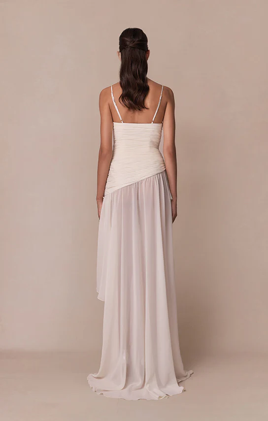 Asymmetric Draped Chiffon Mini Dress (French Lace) - Image 6
