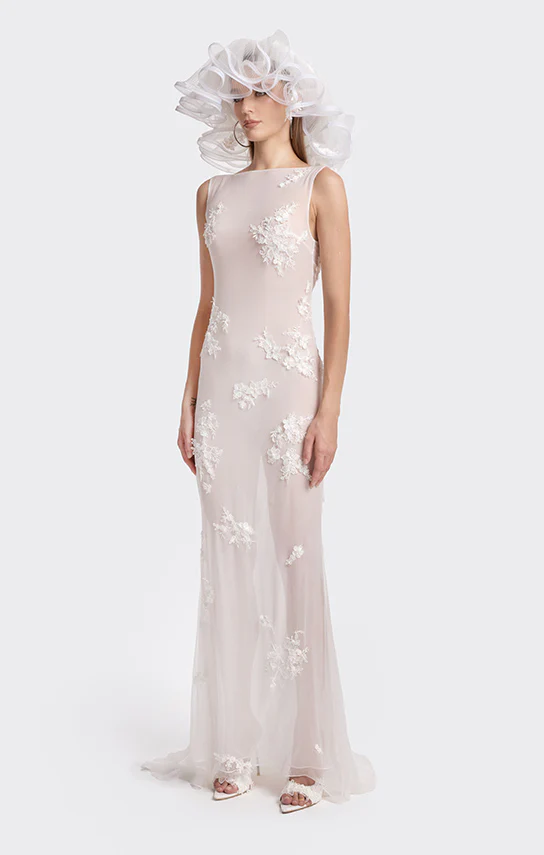 Boat-Neck Embroidered Lace Maxi Dress - Image 3