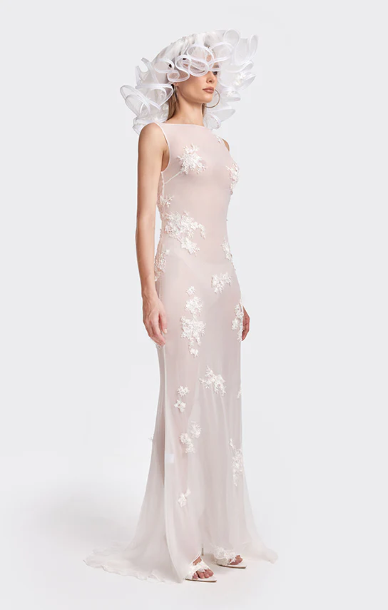 Boat-Neck Embroidered Lace Maxi Dress - Image 4