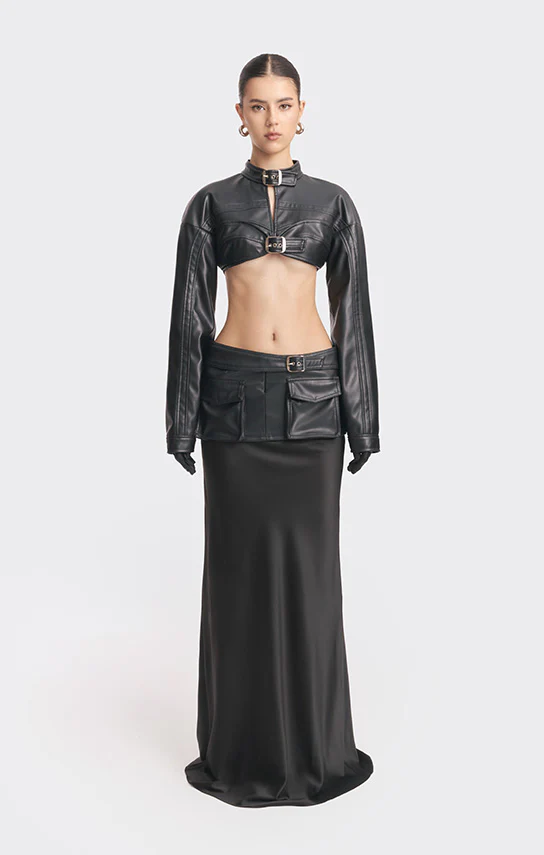 Faux Leather Racing Belt Crop Jacket
