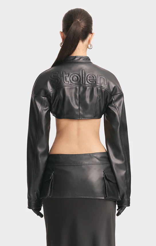 Faux Leather Racing Belt Crop Jacket - Image 2