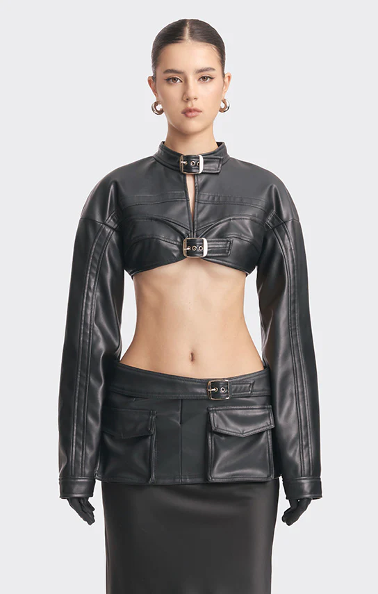 Faux Leather Racing Belt Crop Jacket - Image 3