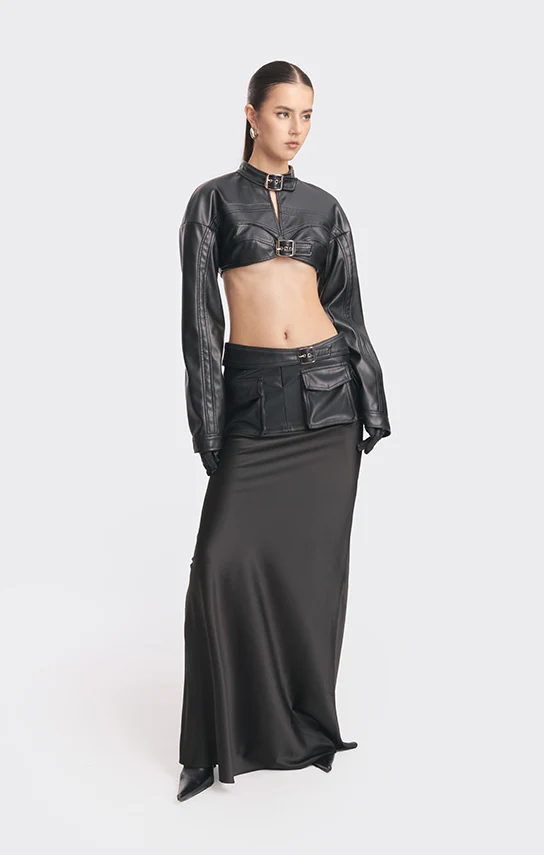 Faux Leather Racing Belt Crop Jacket - Image 4