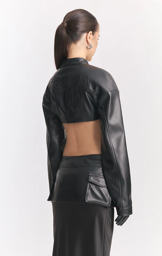 Faux Leather Racing Belt Crop Jacket - Image 6
