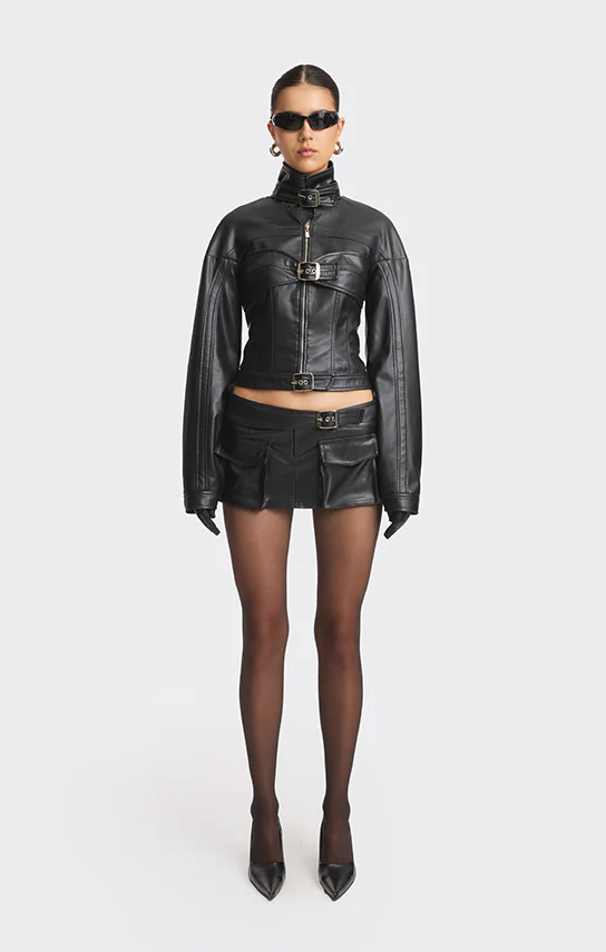 Faux Leather Racing Belt Jacket