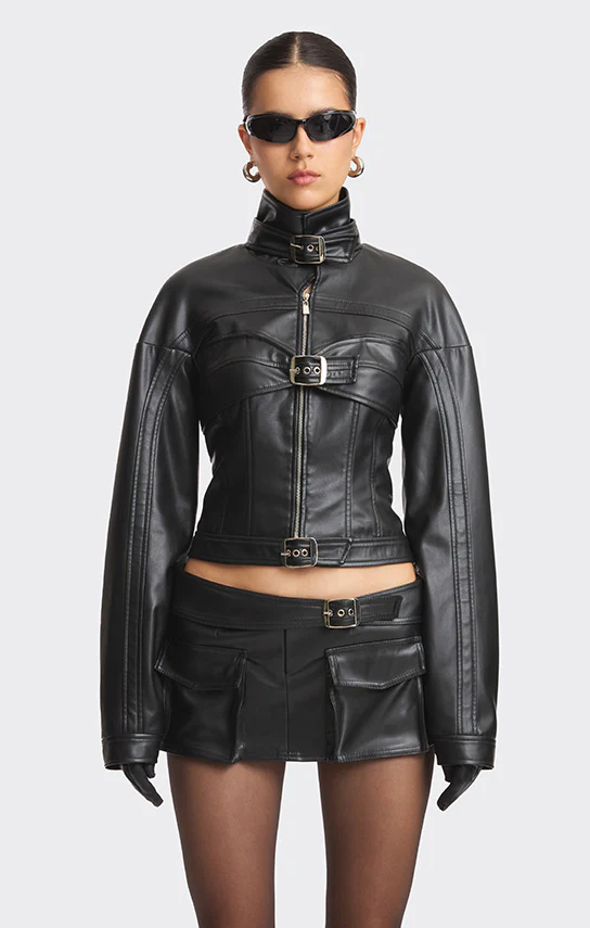 Faux Leather Racing Belt Jacket - Image 3