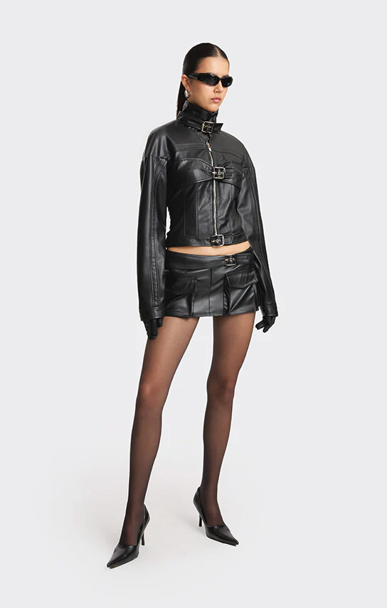 Faux Leather Racing Belt Jacket - Image 4