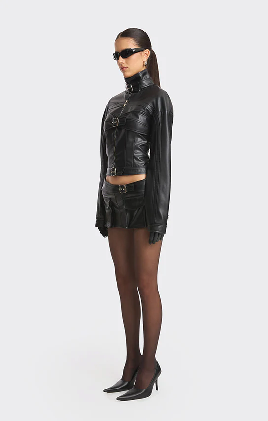 Faux Leather Racing Belt Jacket - Image 5