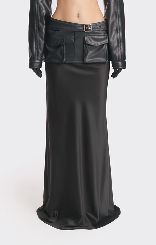 Faux Leather Racing Belt Maxi Skirt