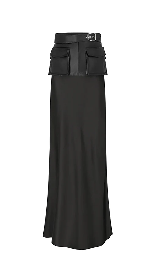 Faux Leather Racing Belt Maxi Skirt - Image 2