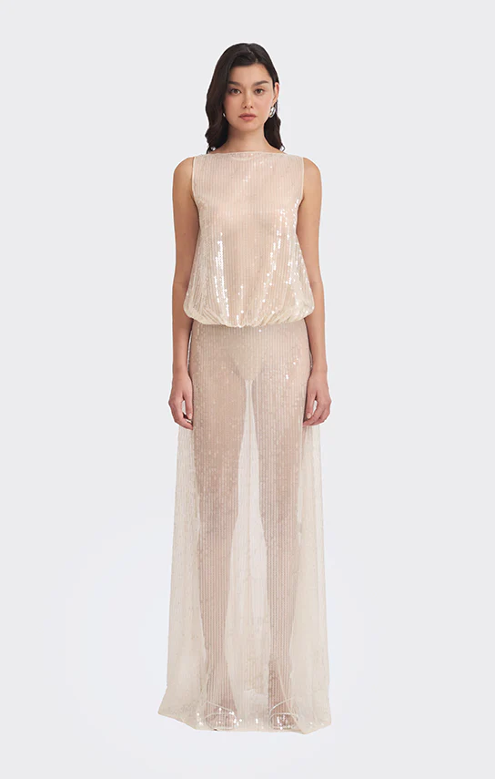 Puffed Boatneck Maxi Gown (Sequin)